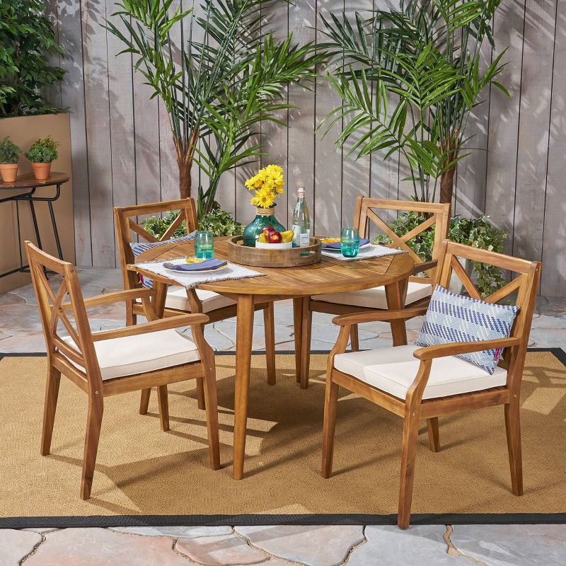 Pines 5pc Acacia Wood Outdoor Dining Set - Teak/Cream - Christopher Knight Home, Weather-Resistant, Round Table, Cushioned Seats, 1 of 7