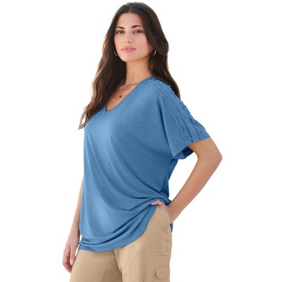 Roaman's Women's Plus Size Lace Trimmed Textured Tee