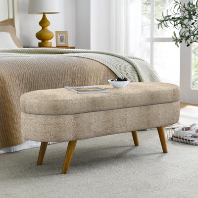VisioGear Oval Ottoman, Storage Bench with Wood Legs for Living Room, Brown, 43.5"*16"*16"