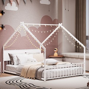 House Bed with Roof and Colorful Lights, Fun Bed for Kids and Teens, Low to Ground Design, Bed with Iron Frame Structure-Baofuwish - 1 of 4