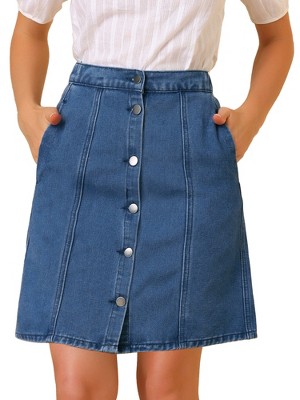Allegra K Women's Elastic Back Short Button Down Denim Skirts with Pockets