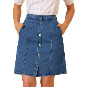 Allegra K Women's Elastic Back Short Button Down Denim Skirts with Pockets - 1 of 4