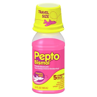 Pepto Bismol Liquid for Nausea, Heartburn, Indigestion, Upset Stomach, and Diarrhea Relief, Original Flavor 3.4oz travel size