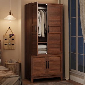 Coolmee Armoire Wardrobe Closet with 4 Doors, 72" Wooden Wardrobe Cabinet with Hanging Rod, Freestanding Tall Clothing Armoire Cabinet - 1 of 4