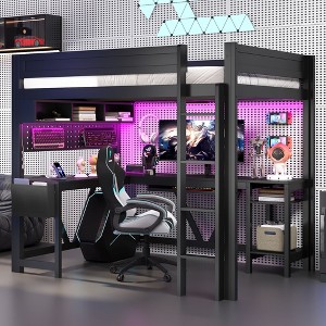 Luxystar Full Size Gaming Loft Bed with Desk, Storage Shelves, 7 Colors LED and Charging Station - 1 of 4