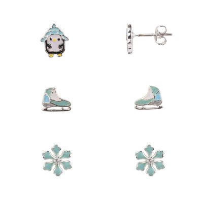 FAO Schwarz Snowflake, Ice Skate and Penguin Trio Earring Set