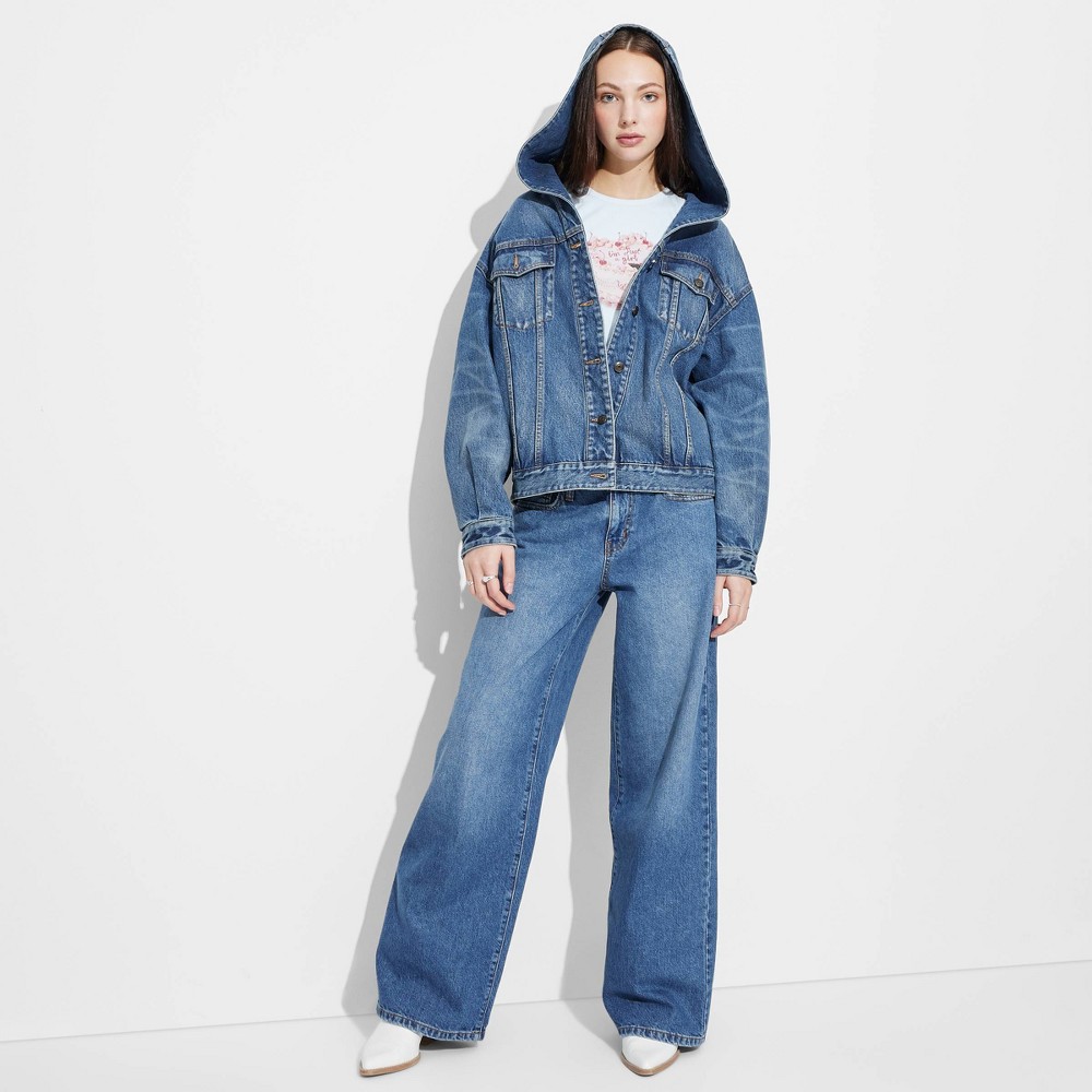 Women's Oversized Hooded Jean Jacket - Wild Fable™ Medium Wash M: Midweight Denim, Classic Fit, Front Button Down, Hidden Pocket