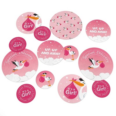 Big Dot of Happiness Girl Special Delivery - Pink It's A Girl Stork Baby Shower Giant Circle Confetti - Party Decorations - Large Confetti 27 Count