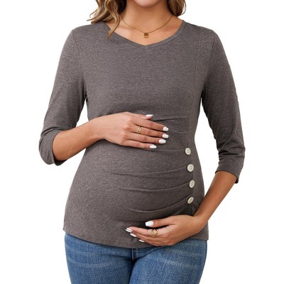 INSPIRE CHIC Women's Nursing Blouse V Neck 3/4 Sleeves Ribbed Knitted Ruched Maternity Tops