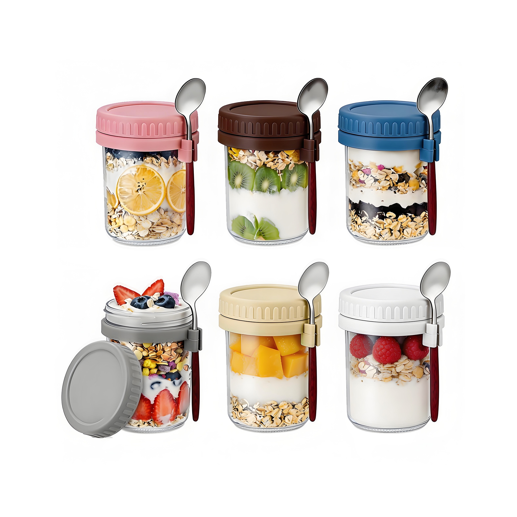 6-Pack Glass Oat Bowls, Assorted Colors (Pink, Purple, Yellow, Blue, Green, White), 11.28.7cm, for Breakfast, Yogurt & Dessert