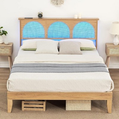 Bed Frame with Natural Rattan Headboard