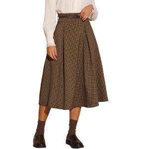 INSPIRE CHIC Women's Vintage Checked High Waist Belted A-Line Plaid Skirt - 1 of 4