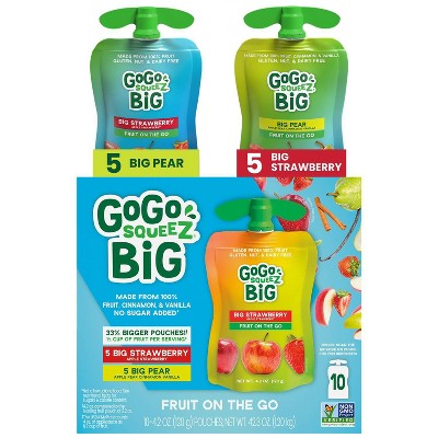 GoGo squeeZ BIG Applesauce and Fruit Puree with Vanilla and Cinnamon Variety Pack, BIG Pear, BIG Strawberry - 4.2oz/10ct