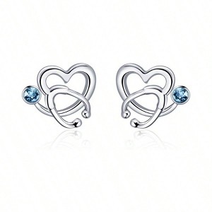 Nurse Earrings, Silver Stethoscope Studs with Crystal Birthstone, Graduation Gift for Nurses Doctors - 1 of 4