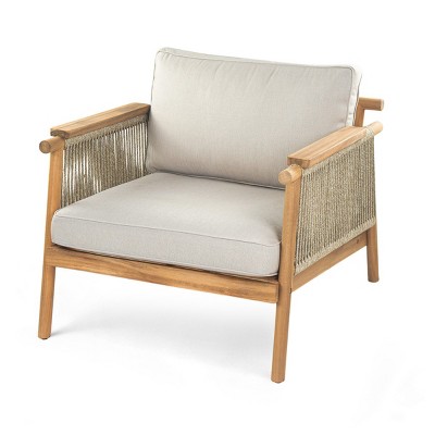 Acacia Wood Club Chair,Fabric Upholstered Outdoor Armrests Chair,Rope Woven Backrest And Wood Armrests Patio Club Chair-Coolbibila
