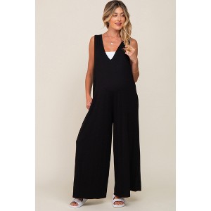 Pinkblush Black Deep V Sleeveless Wide Leg Maternity Jumpsuit - 1 of 4