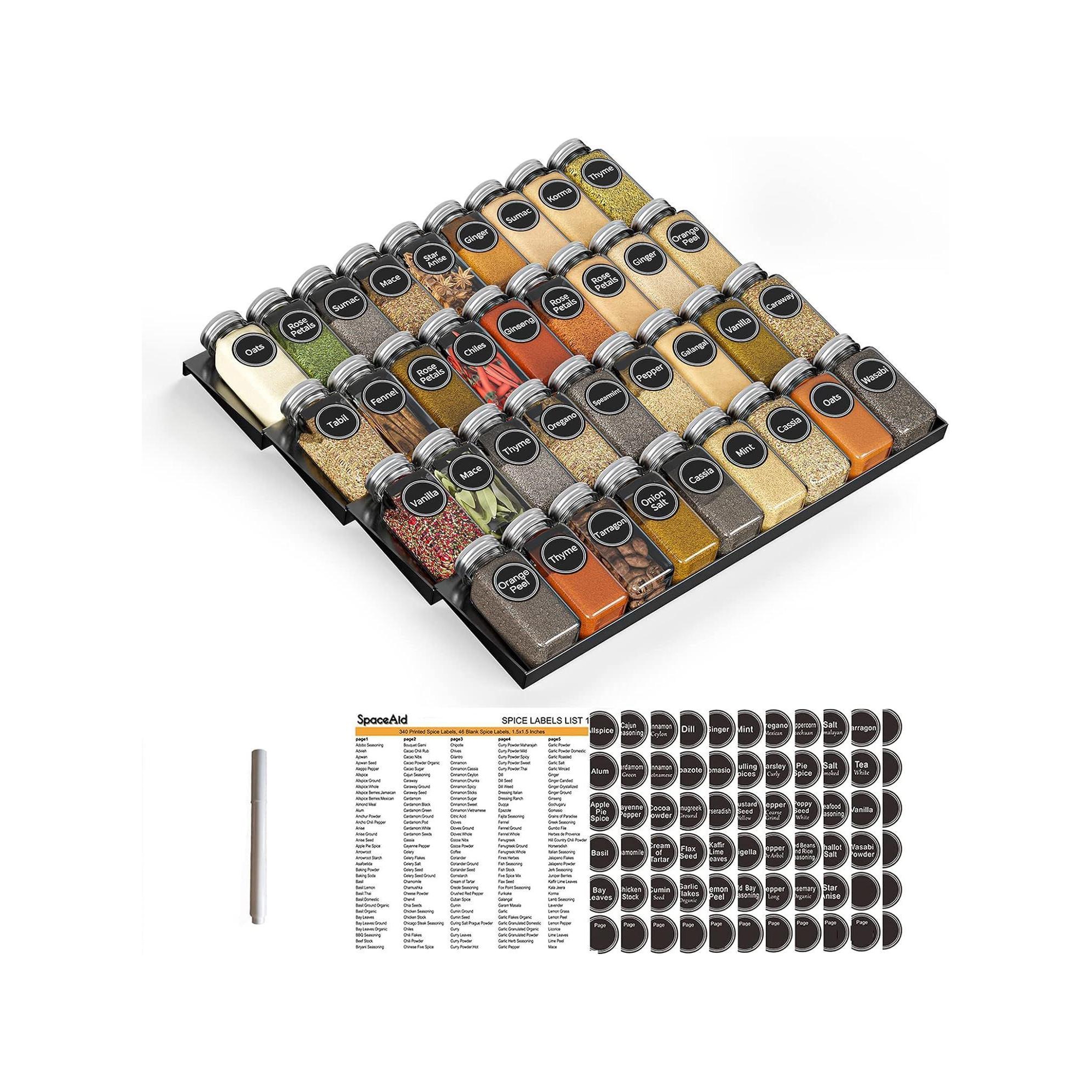 Spice Drawer Organizer with 36 Glass Spice Jars, 386 Labels, for Kitchen Drawers,Black