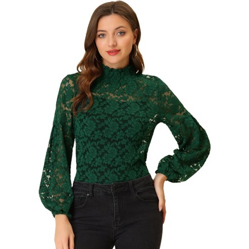 Allegra K See Through Neck Long Sleeve Floral Lace Blouse Dark Green X-large : Target