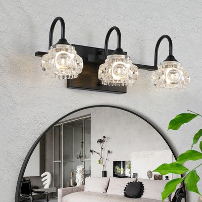 DOMETOUR Retro 3-Light Bathroom Vanity Fixture - Black Finish, Crystal Glass Shades, Wall Mounted for Bathroom/Vanity (No Bulbs)