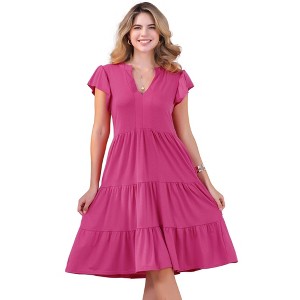 INSPIRE CHIC Women's Ruffle Short Sleeve V Neck Side Pockets Midi Dress - 1 of 4