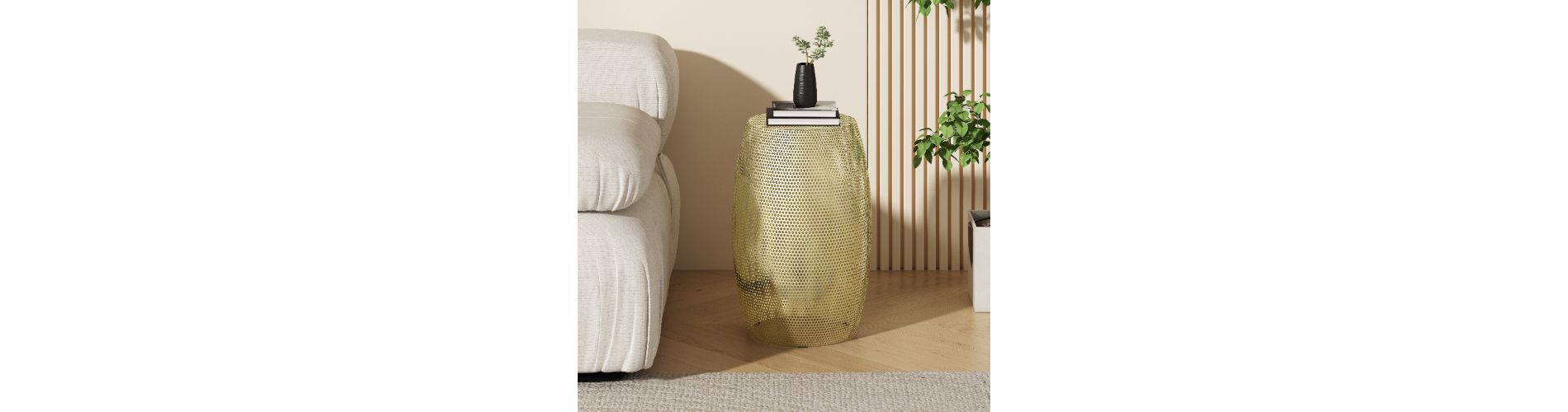 Lyngins Modern Gold Drum-Style Outdoor End Table, Iron Accent Table for Patio or Indoor Use, Round Hollow Patio Side Table