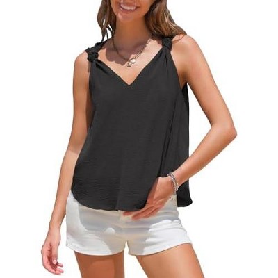EXLURA EXLURA Womens Summer Tank Tops Casual V Neck Knotted Sleeveless Cami Blouses Fashion Cute Shirts Beach Vacation 2025 Black