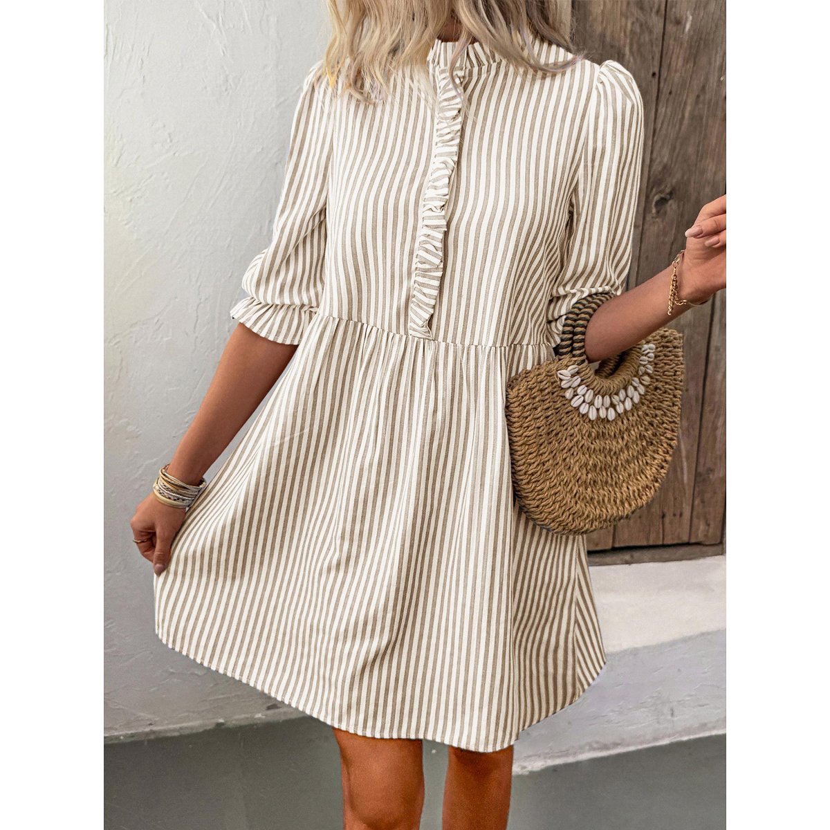 Женские платья Garvee Womens Fall Dress Stripe Ruffle A Line Elbow Sleeve Shirtdress Ruffle Placket Mock Neck Mini Dress Lantern Sleeve Casual Highwaist Dress, Khaki - M — фото 4