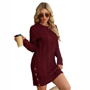 Coolmee Womens Sweater Dress Long Sleeve Crewneck Casual Slim Fit Pullover Knit Sweater Dresses with Side Button - 1 of 4