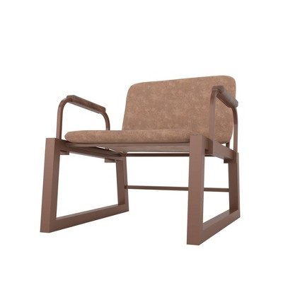 White Faux Leather Low Accent Chair with Wood Accents