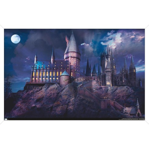 Trends International The Wizarding World: Harry Potter - Hogwarts At Night  Framed Wall Poster Prints White Framed Version 22.375 x 34