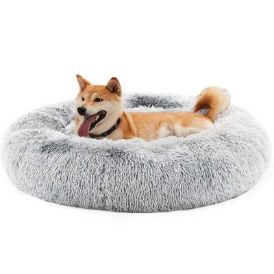 DOMETOUR 19 Inch Anti-Slip Round Fluffy Plush Faux Fur Cat Bed Fits up to 15 lbs Pets
