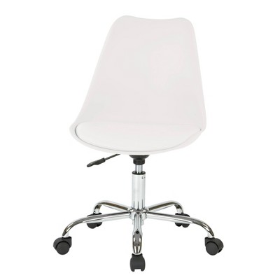 White Leather Armless Swivel Task Chair with Chrome Base