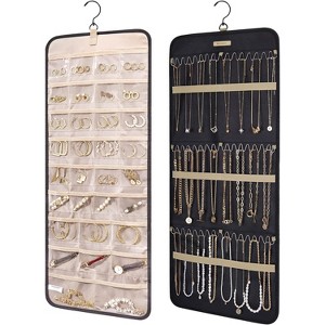 Hanging Jewelry Organizer Storage Roll with Hooks Double-Sided Jewelry Holder for Earrings, Rings on Closet, Wall, Door, 1 piece, Large, Black - 1 of 4