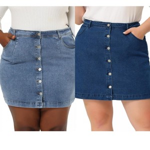 Agnes Orinda Women's Plus Size Button Side Pocket Casual A-Line Mini Denim Skirt - 1 of 4