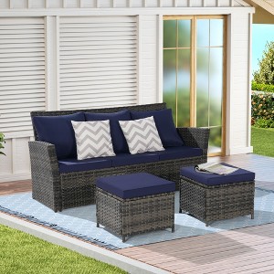 All-Weather 3-Piece Outdoor Wicker Sofa Set with Two Ottomans - Perfect for Porch, Backyard, or Balcony Conversations - 1 of 4