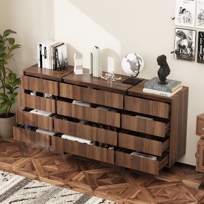 Famapy Brown-Woodgrain Large Dresser 12 Drawer Natural Style Horizontal Dresser