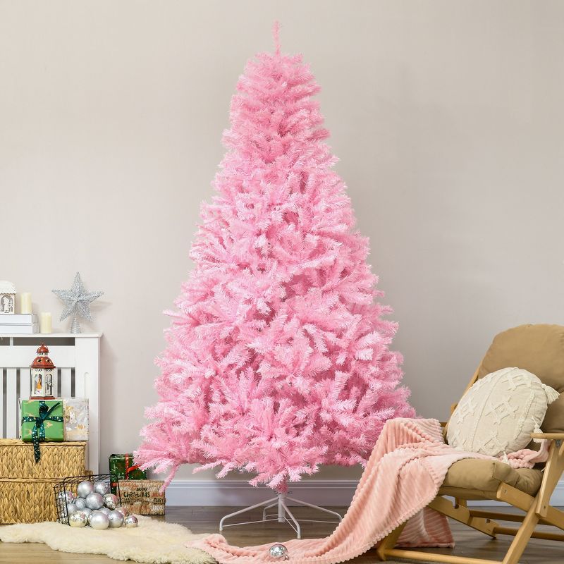 HOMCOM 7 FT Artificial Christmas Tree Holiday Decoration with Auto Open, Steel Base, Wide Shape, Pink, 2 of 7