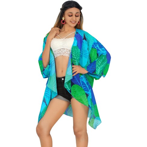 LA LEELA Women's Summer Duster Holiday Beachwear Mini Bathing Suit Top Cardigan Vacation Swimwear Coverups Beach Large-X-Large Blue, Leaf - image 1 of 4