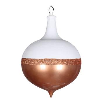 Vickerman 12" Rose Gold Candy/White Glitter Drop Ornament. This ornament features a white glitter top, a stripe of rose gold glitter, and a candy