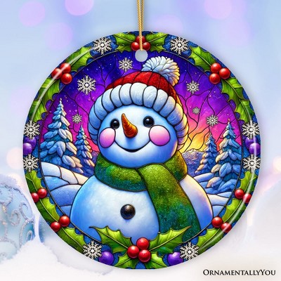 Snowman with Holly Stained Glass Style Ceramic Ornament, Christmas Gift and Decor| OrnamentallyYou
