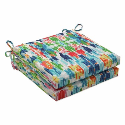 2pk Outdoor/Indoor Squared Chair Pad Set Abstract Reflections Blue - Pillow Perfect