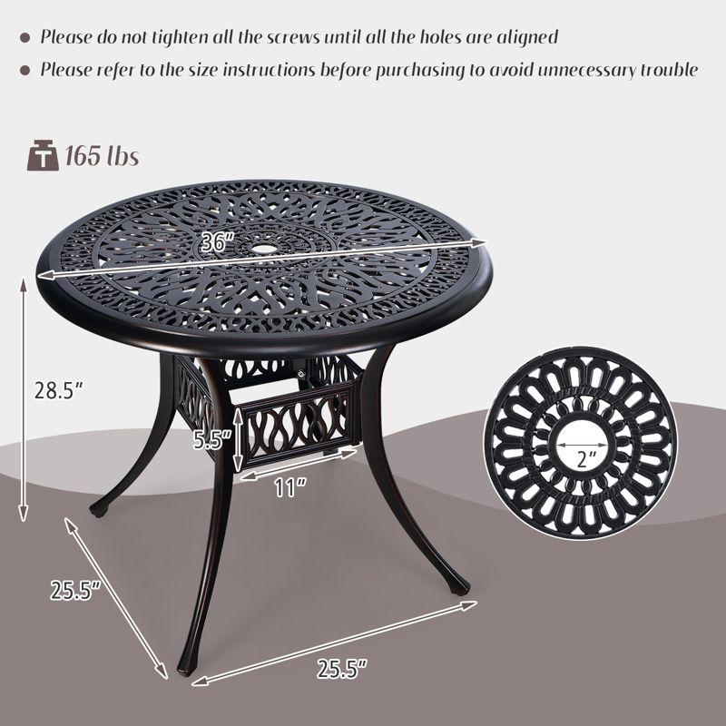 Tangkula 36" Outdoor Dining Table Round Cast Aluminum Patio Dining Table with Umbrella Hole and Adjustable Non-Slip Foot Pads, 5 of 11