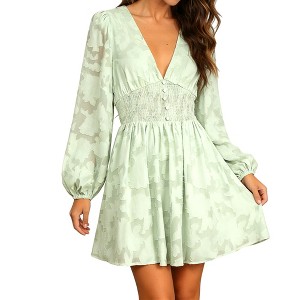Women's Casual Mini Dress Long Sleeve V-Neck High Waist, Flowy A-Line Chiffon Dress for Daily Wear - 1 of 4