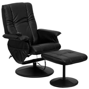 Flash Furniture Massaging Heat Controlled Adjustable Recliner and Ottoman with Wrapped Base in Black LeatherSoft