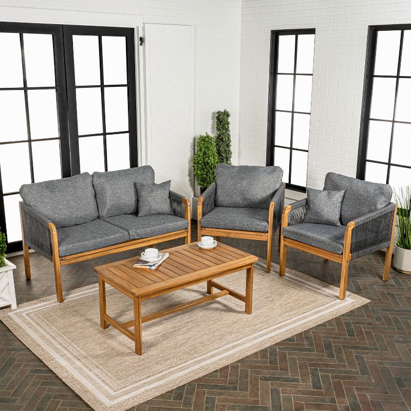 Tavira 4-Piece Modern Bohemian Acacia Wood Outdoor Patio Set with Cushions and Plain Decorative Pillows - JONATHAN Y, 3 of 8