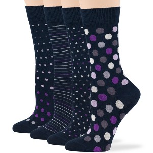 Women Cotton Calf Patterned Socks - 4 Pack - Striped, Dot, Geometric - M/L - Black, Brown, Navy | 7BIGSTARS KINGDOM - 1 of 4
