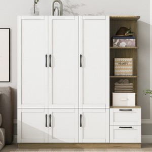 TiramisuBest 3-Door Wooden Wardrobe with 2 Drawers & Shelves, Mobile w/ Locking Wheels & Adjustable Shelf - Space-Saving for Bedroom - 1 of 4