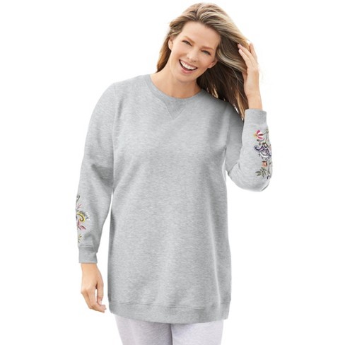 Woman Within Women s Plus Size Fleece Sweatshirt 6x Heather Grey Multi Embroidery Target