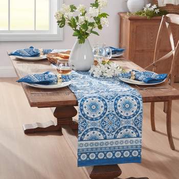 Vietri Medallion Blue Block Print Stain & Water Resistant Indoor/Outdoor Table Runner - Multicolor - 13x70 - Elrene Home Fashions