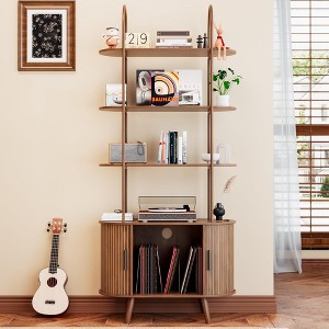 MOEPISY Tall Vinyl Record Player Stand, 4 Tier Arched Bookshelf with Sliding Doors - 1 of 4